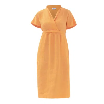 Haris Cotton Women's Yellow / Orange Notched Neckline Belted Linen Dress With Batwing Sleeve - Lotus In Yellow/orange