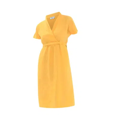 Haris Cotton Women's Yellow / Orange Notched Neckline Belted Linen Dress With Batwing Sleeve Crocus In Yellow/orange
