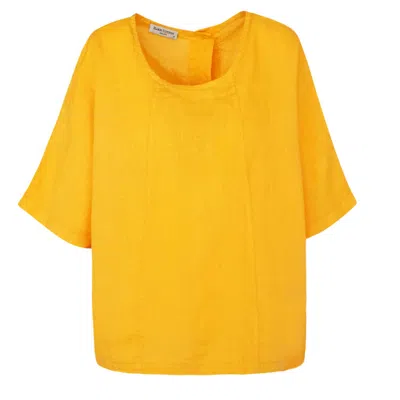 Haris Cotton Women's Yellow / Orange Round Neck Linen Blouse With Batwing Sleeve And Back Buttons Crocous In Yellow/orange