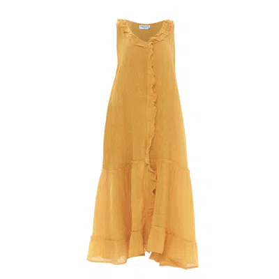 Haris Cotton Women's Yellow / Orange Sleeveless Maxi Linen Gauze Dress With Frills Crocus In Yellow/orange