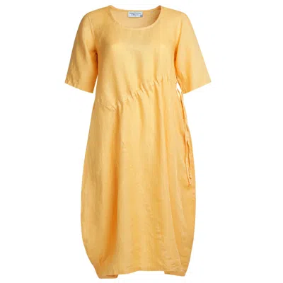 Haris Cotton Women's Yellow / Orange Solid Asymmetrical Hem Linen Ballon Dress With Knot Side Bannana In Yellow/orange