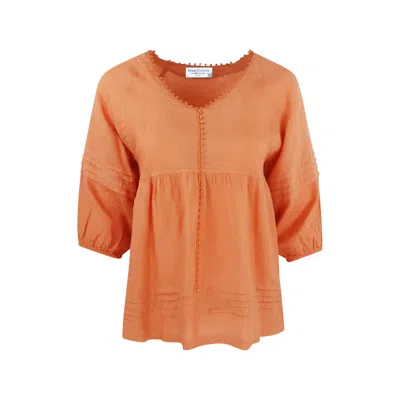 Haris Cotton Women's Yellow / Orange “v” Neck Linen Long Sleeved Blouse - Peachy In Yellow/orange