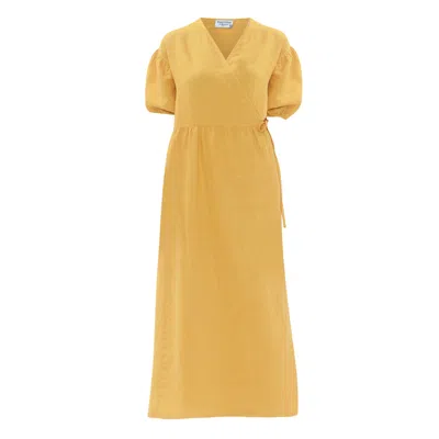 Haris Cotton Women's Yellow / Orange Wrap Midi Linen Dress With Puffy Short Sleeves - Crocus In Yellow/orange