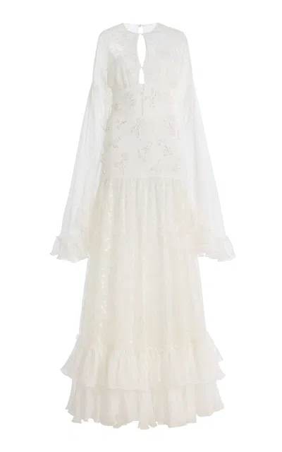 Harithand Ines Embroidered Lace Silk Georgette Maxi Dress In White