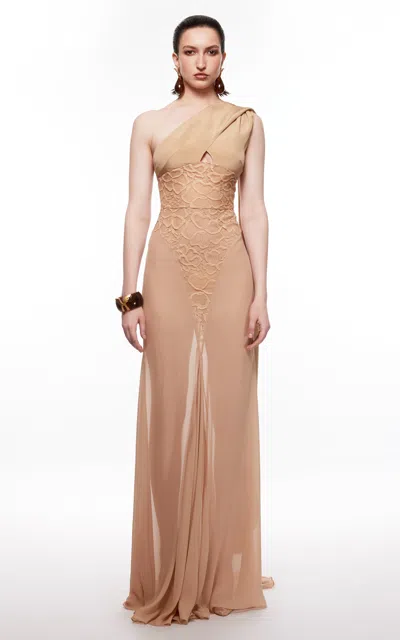 Harithand Marissa Asymmetric Silk Crepe Gown In Nude