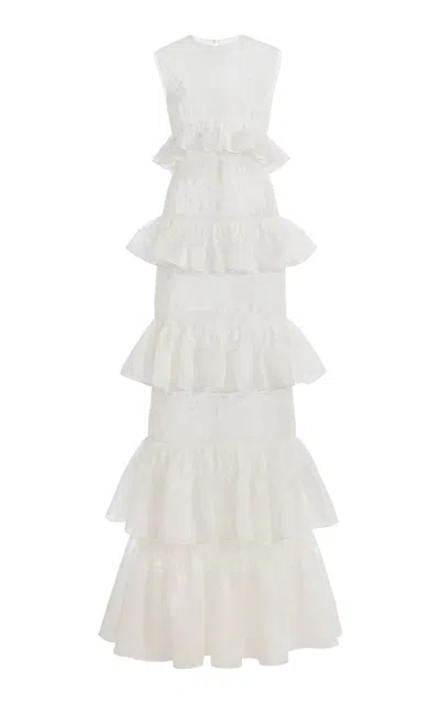 Harithand Sogna Floral Lace Silk Organza Maxi Dress In White