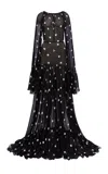 Harithand Steorra Flared Sleeve Polka Dot Silk Dress In Black,white