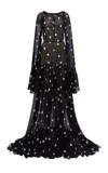 Harithand Steorra Flared-sleeve Polka-dot Silk Maxi Dress In Black