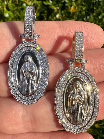 Pre-owned Harlembling 1.55ct Real Diamond Virgin Mary Pendant 925 Silver Necklace Medallion Pendant In White