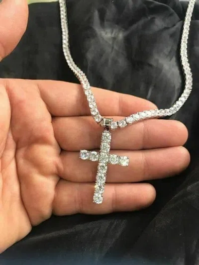 Pre-owned Harlembling 4mm Single Row Tennis Chain W. Cross Solid 925 Sterling Silver Cz Necklace