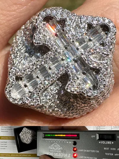 Pre-owned Harlembling 6.5ct Moissanite Iced Real Baguette Cross Shaped Ring For Men Solid 925 Silver In White/colorless