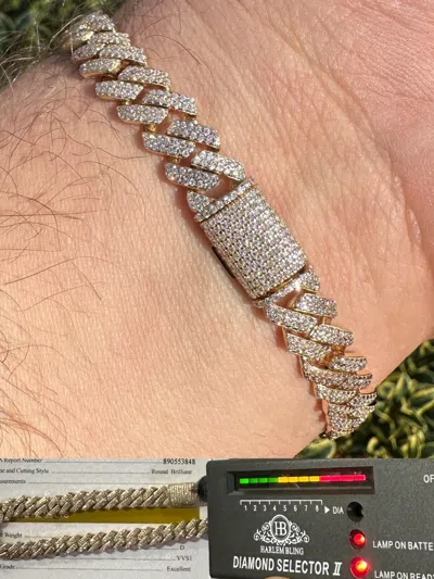Pre-owned Harlembling 8mm Solid 14k Gold Moissanite Real Miami Cuban Link Prong Iced Hip Hop Bracelet In White