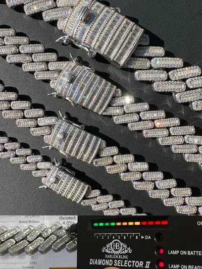 Pre-owned Harlembling Baguette Moissanite Real Miami Cuban Link Chain Iced Solid 925 Silver Necklace