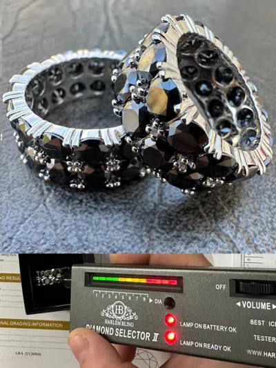 Pre-owned Harlembling Black Moissanite Ring Real 925 Silver Hip Hop Iced Tennis Band 10mm Pass Tester