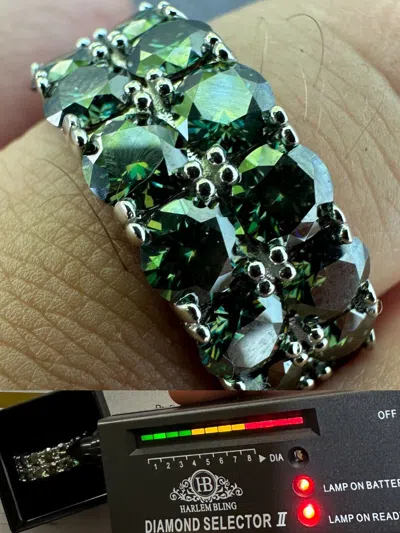 Pre-owned Harlembling Blue Green Moissanite Ring Real 925 Silver Hip Hop Iced Tennis Band 10mm Big