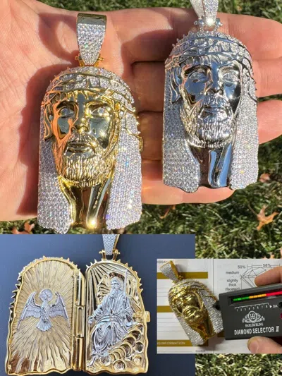 Pre-owned Harlembling Iced Moissanite Opens Up Jesus Piece Father Son & Holy Spirit Solid 925 Silver In White/colorless
