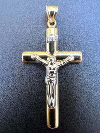 Pre-owned Harlembling Large 1.85" Real 14k Yellow & White Gold Cross Jesus Crucifix Pendant Necklace