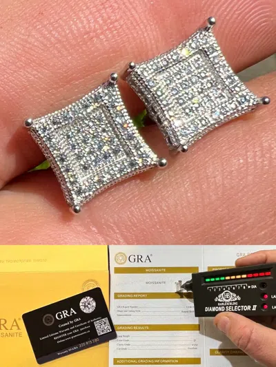 Pre-owned Harlembling Large Real Solid 10k White Gold Iced Kite Moissanite Earrings Pass Diamond Test