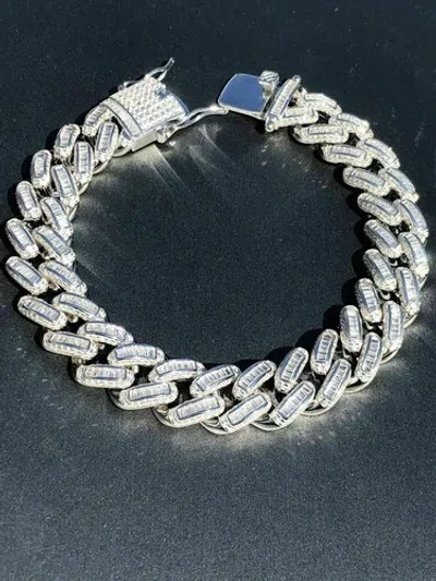 Pre-owned Harlembling Men's Miami Cuban Link Bracelet Real Solid 925 Silver Baguette Cz Heavy Hip Hop In White