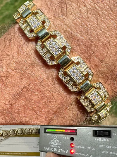 Pre-owned Harlembling Men's Moissanite Custom Link 14k Gold Plated Real 925 Sterling Silver Bracelet In Yellow Gold