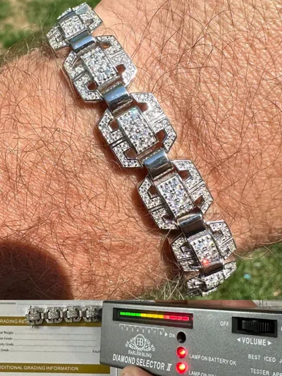 Pre-owned Harlembling Men's Moissanite Custom Link Real 925 Sterling Silver Bracelet Passes Tester In White