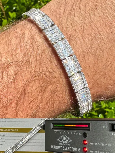 Pre-owned Harlembling Men's Real Baguette 8mm Moissanite Tennis Bracelet Solid 925 Silver Hip Hop Iced