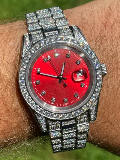 Pre-owned Harlembling Men Red Dial Presidential Real Ss 41mm Watch Fully Iced 12ct Flooded Out Cz