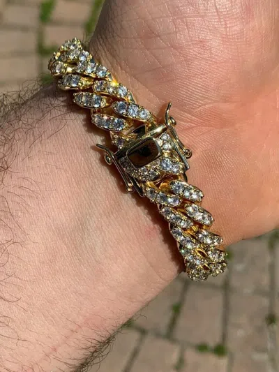 Pre-owned Harlembling Mens Miami Icy Cuban Bracelet 10k Yellow Gold Plated 925 Sterling Silver 12mm