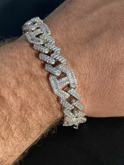 Pre-owned Harlembling Mens Real Solid 925 Silver Baguette Cuban Prong Gucci Link Bracelet Hip Hop Cz In White