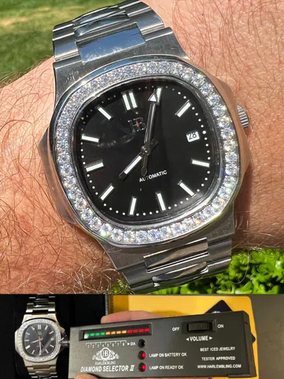 Pre-owned Harlembling Mens Real Stainless Steel Iced 2ct Moissanite Watch Pass Diamond Test Black Face