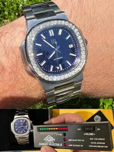 Pre-owned Harlembling Mens Real Stainless Steel Iced 2ct Moissanite Watch Pass Diamond Test Blue Face