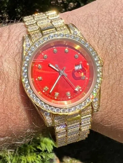 Pre-owned Harlembling Mens Red Dial Presidential Real 41mm Gold Plated Watch Icy 12ct Flooded Out Cz