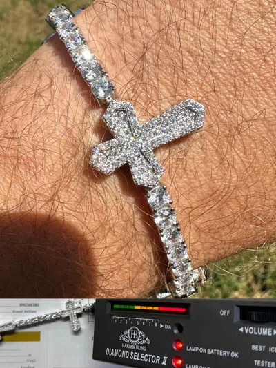 Pre-owned Harlembling Moissanite Iced Cross Shape Tennis Bracelet Mens Ladies Hip Hop Real 925 Silver In White/colorless