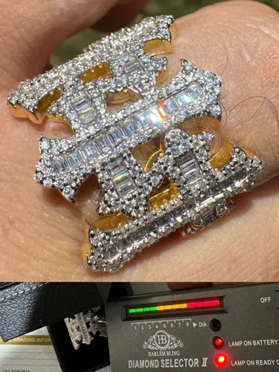 Pre-owned Harlembling Moissanite Iced Real Baguette Gothic Three Cross Ring Solid 14k Gold 925 Silver In White/colorless