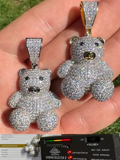 Pre-owned Harlembling Moissanite Real 925 Silver / Gold Iced 3d Teddy Bear Pendant Hip Hop Necklace