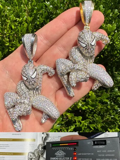 Pre-owned Harlembling Moissanite Real 925 Silver/14k Gold Plated Large Iced Spiderman Pendant Necklace In White