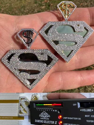 Pre-owned Harlembling Moissanite Real 925 Silver/gold Plated Iced Superman Superhero Pendant Necklace In White