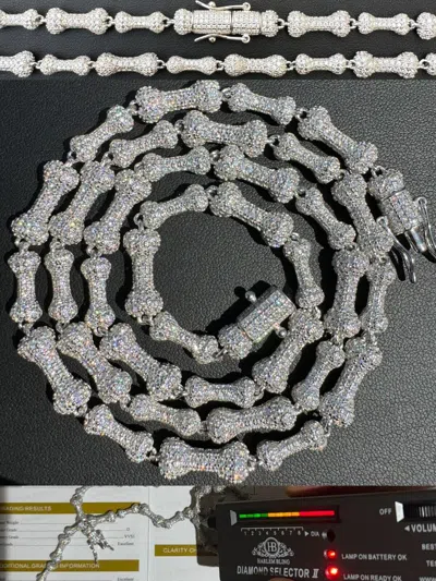 Pre-owned Harlembling Moissanite Real Custom Bone Link Chain Iced Hip Hop 925 Silver Death Necklace In White