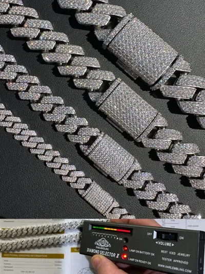 Pre-owned Harlembling Moissanite Real Miami Cuban Link Prong Chain Iced Hip Hop 925 Silver Necklace In White