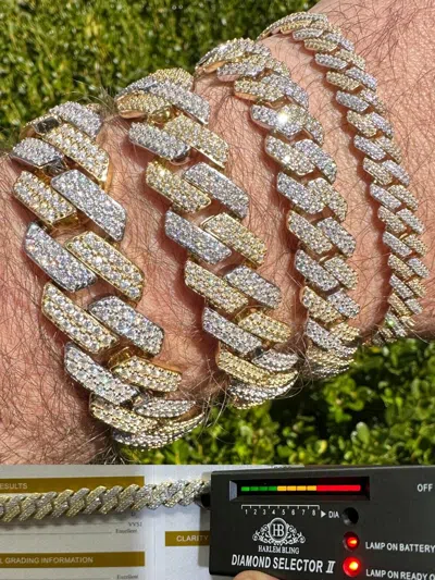 Pre-owned Harlembling Moissanite Real Solid Miami Cuban Link Prong Bracelet 14k Gold Plated 925 Silver In White/colorless