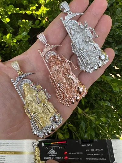 Pre-owned Harlembling Moissanite Santa Muerte Grim Reaper Pendant 925 Silver / 14k Gold Rose Necklace In White