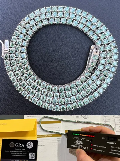 Pre-owned Harlembling Real 3mm Blue Green Moissanite Tennis Chain Necklace - Passes Tester 14-28" In Silver