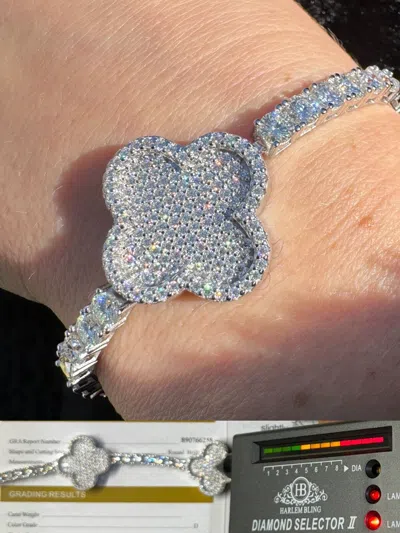 Pre-owned Harlembling Real 925 Silver Iced Moissanite Clover Shape Tennis Bracelet Mens Ladies Hip Hop In White/colorless