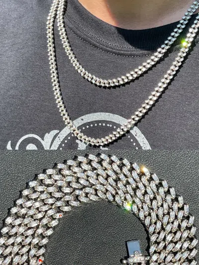 Pre-owned Harlembling Real 925 Silver Miami Cuban Link Iced Baguette Cz Chain Necklace Men Ladies