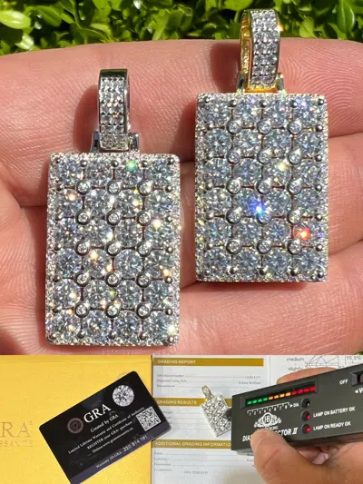 Pre-owned Harlembling Real Iced Moissanite 925 Silver/14k Gold Plated Dog Tag Pendant Passes Tester In White/colorless