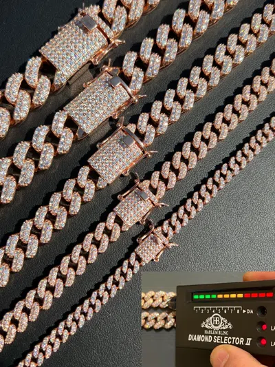 Pre-owned Harlembling Real Miami Cuban Link Chain Iced Moissanite Rose Gold Vermeil Silver Necklace In White/colorless