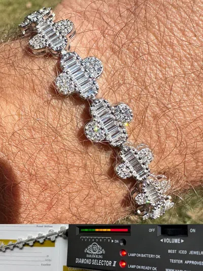 Pre-owned Harlembling Real Moissanite 925 Silver 12mm Iced Baguette Clover Graduated Tennis Bracelet In White/colorless