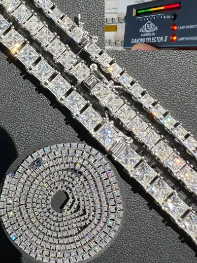 Pre-owned Harlembling Real Moissanite Iced Square Princess Cut Tennis Chain Necklace 925 Silver 3-5mm