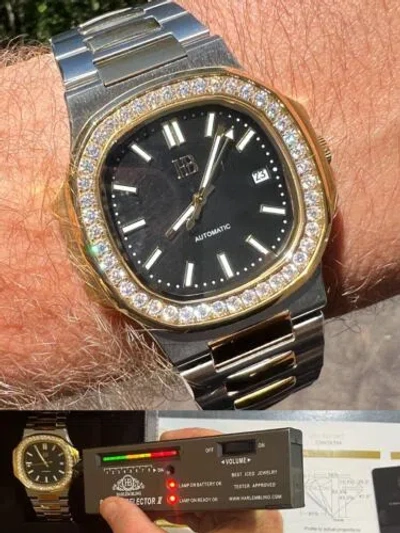 Pre-owned Harlembling Real Stainless & 14k Gold Plated Moissanite Watch Black Face Pass Diamond Test
