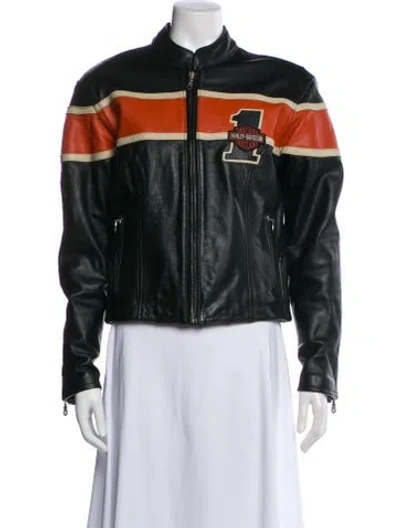 Pre-owned Harley Davidson Leather Graphic Print Biker Jacket In Black